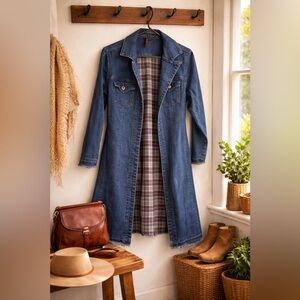 Ethyl - Long Denim Duster Coat with Plaid Lining - S